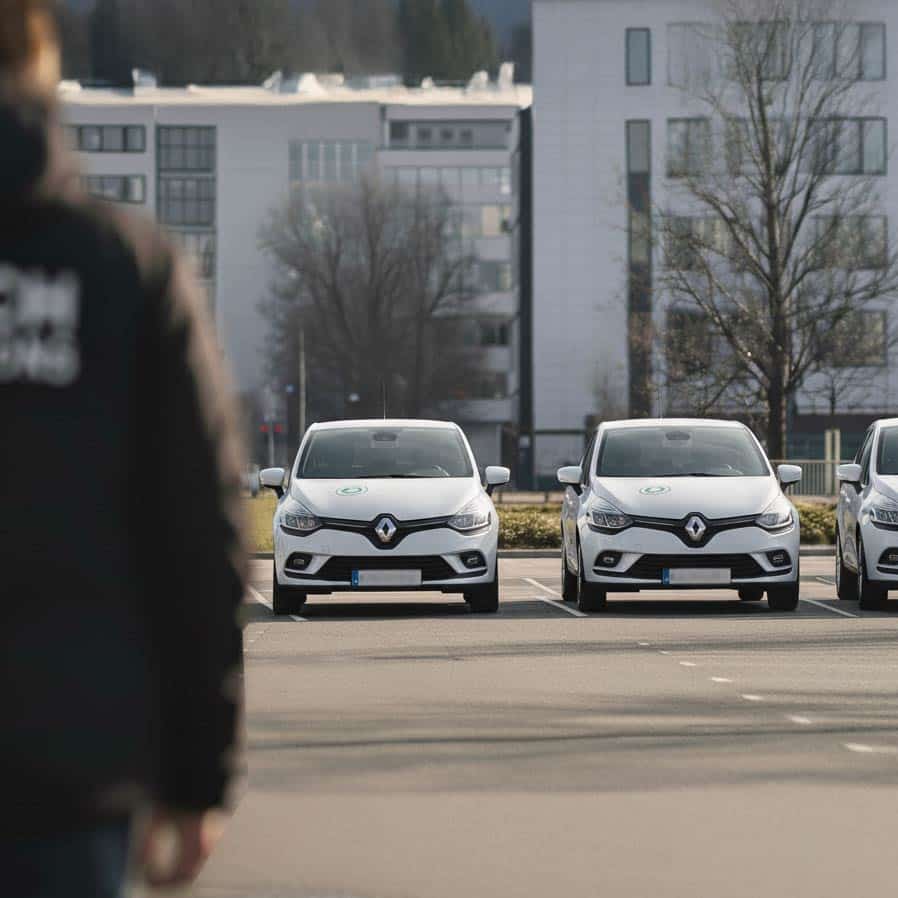 véhicules d'entreprises stationné avec agent se dirigeant vers l'un d'eux.